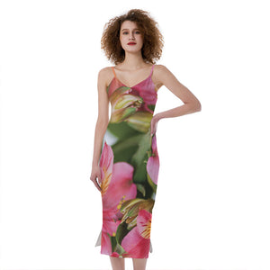 Alstroemeria Flower Print Slim Fit Midi Cami Dress