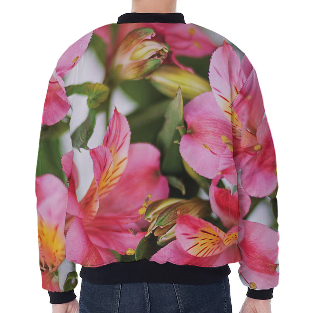 Alstroemeria Flower Print Zip Sleeve Bomber Jacket