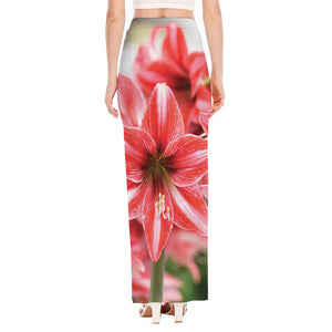 Amaryllis Flower Print High Slit Maxi Skirt