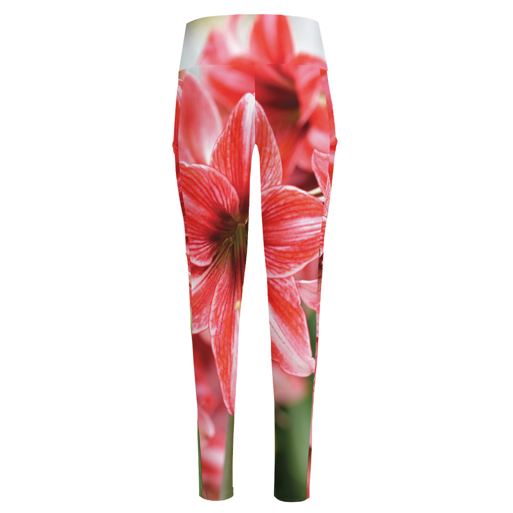 Amaryllis Flower Print High-Waisted Pocket Leggings