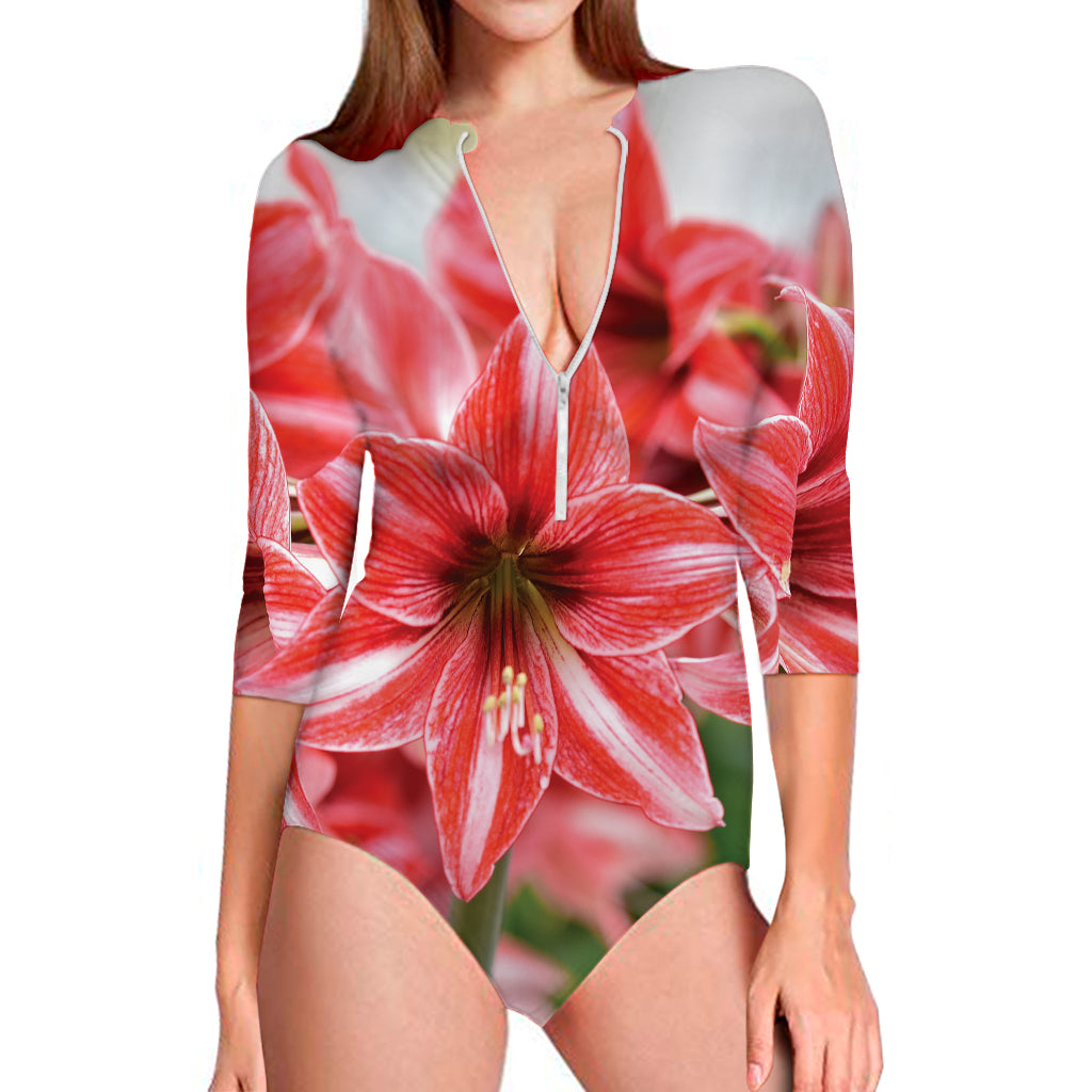 Amaryllis Flower Print Long Sleeve Swimsuit