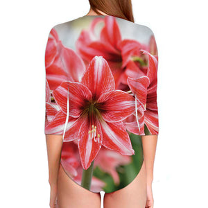 Amaryllis Flower Print Long Sleeve Swimsuit