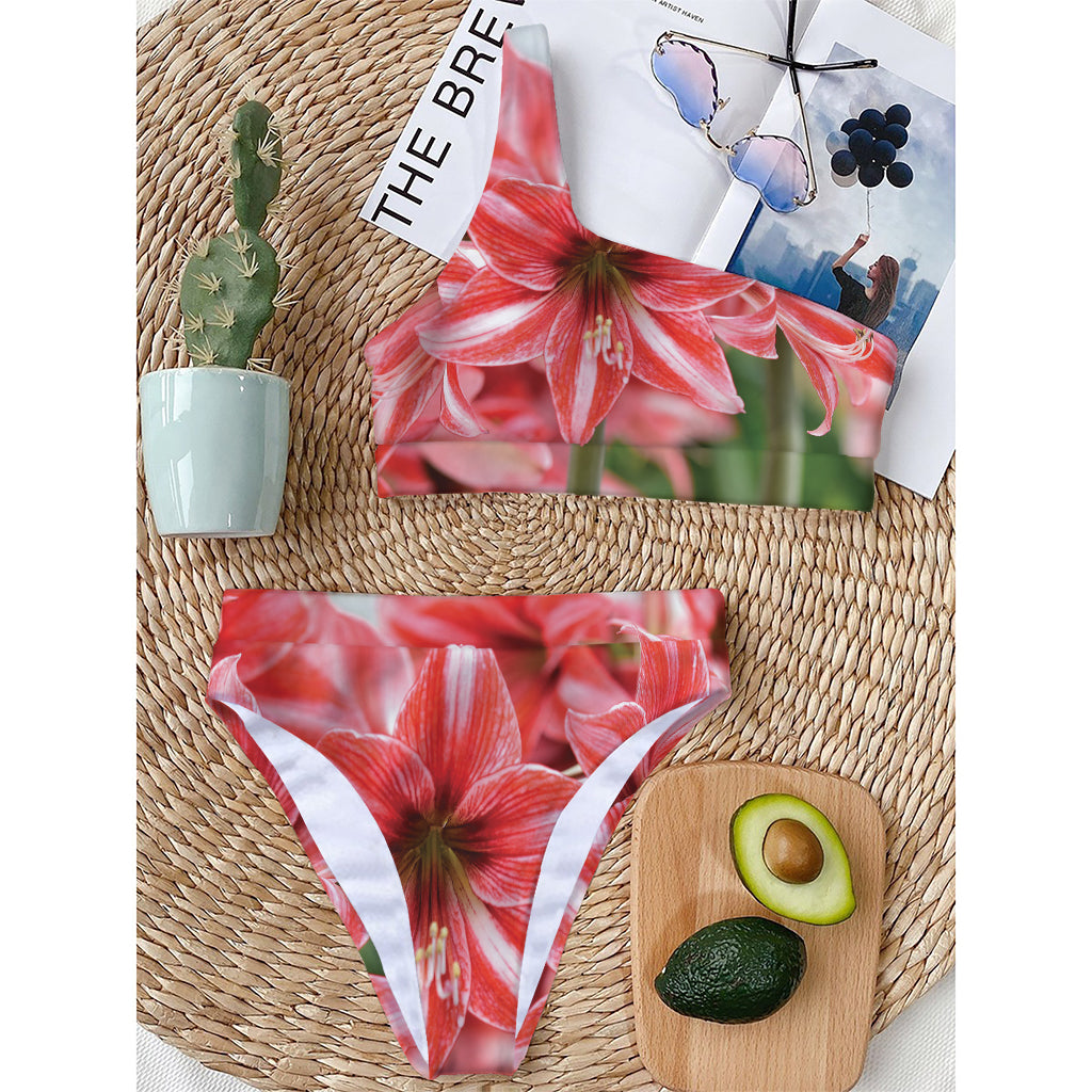 Amaryllis Flower Print One Shoulder Bikini Top