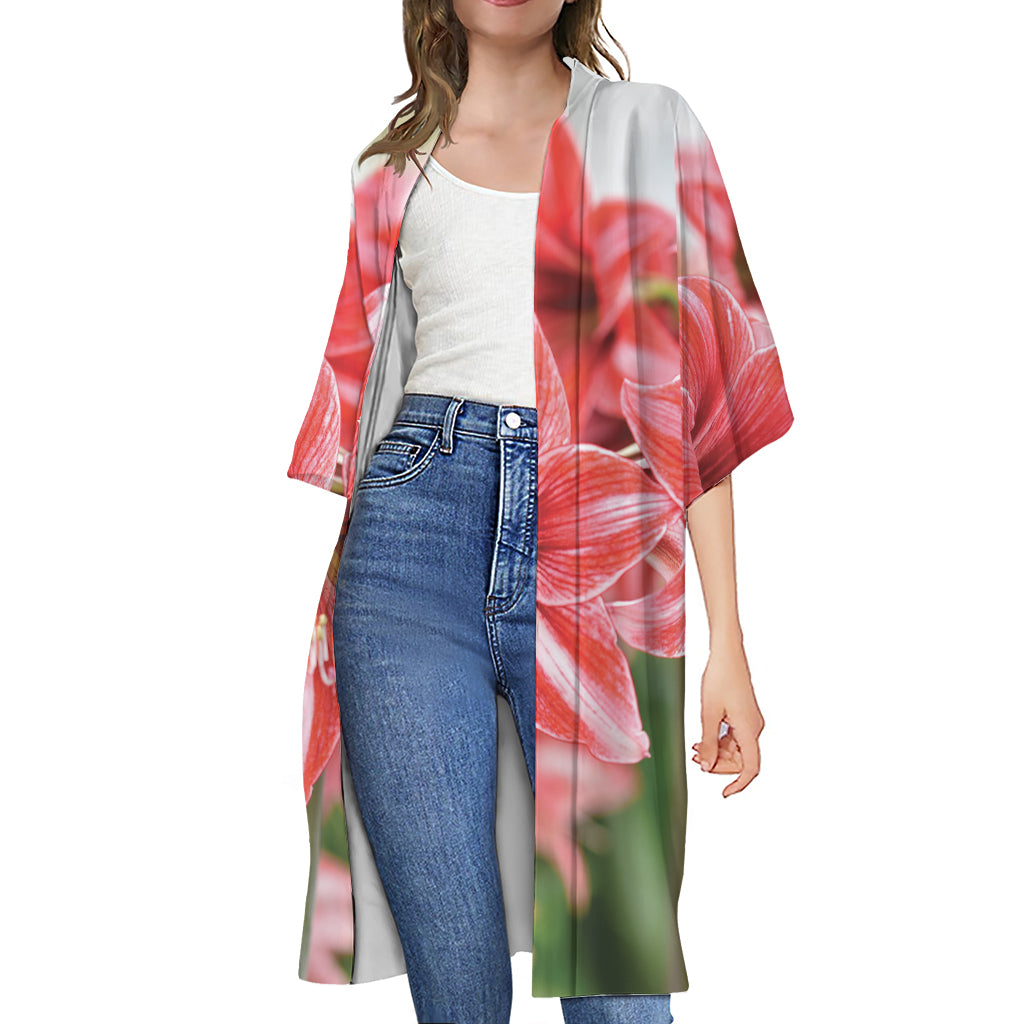 Amaryllis Flower Print Open Front Beach Cover Up