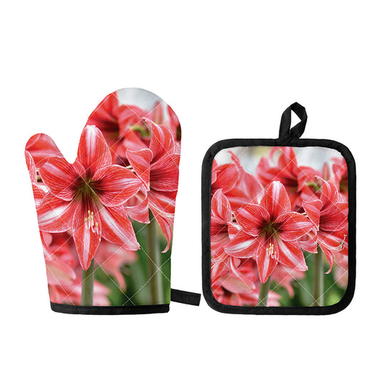 Amaryllis Flower Print Oven Mitt And Pot Holder Set