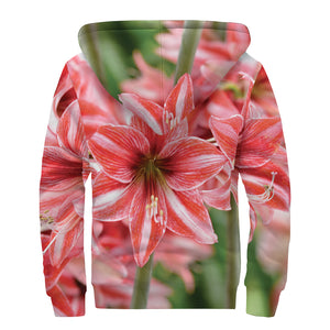 Amaryllis Flower Print Sherpa Lined Zip Up Hoodie