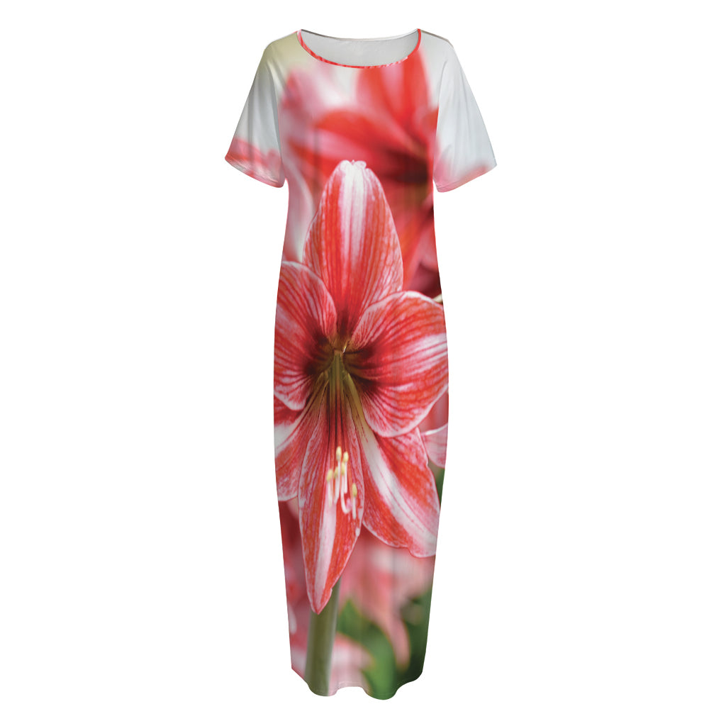 Amaryllis Flower Print Short Sleeve Long Nightdress