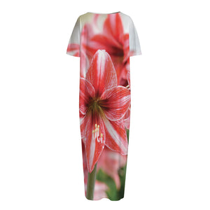 Amaryllis Flower Print Short Sleeve Long Nightdress