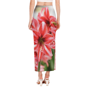 Amaryllis Flower Print Side Slit Maxi Skirt