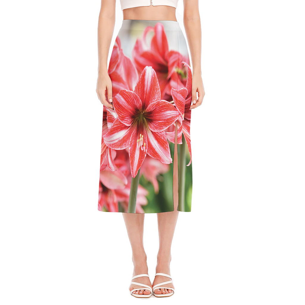 Amaryllis Flower Print Side Slit Midi Skirt