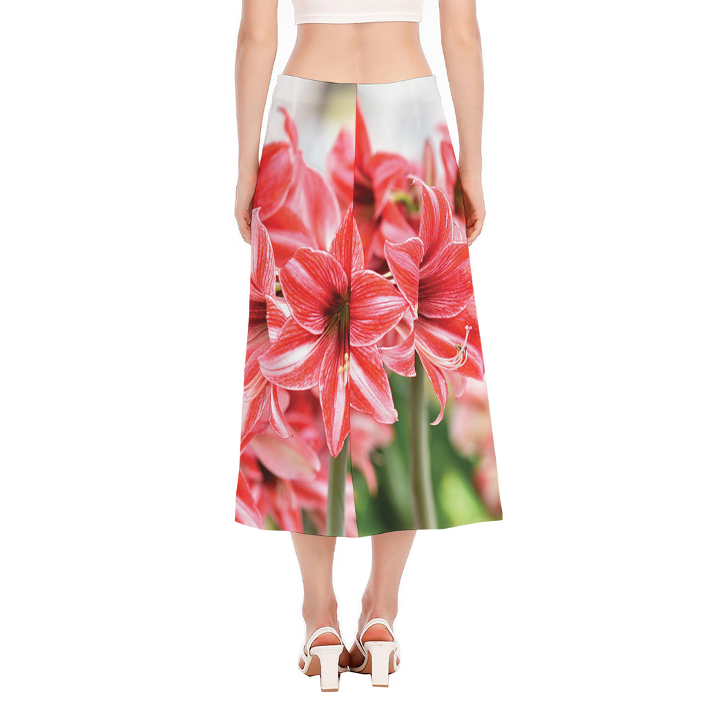 Amaryllis Flower Print Side Slit Midi Skirt