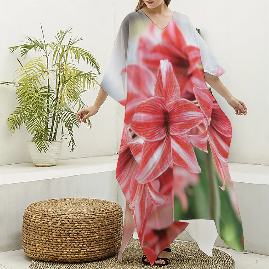 Amaryllis Flower Print Silk V-Neck Kaftan Dress