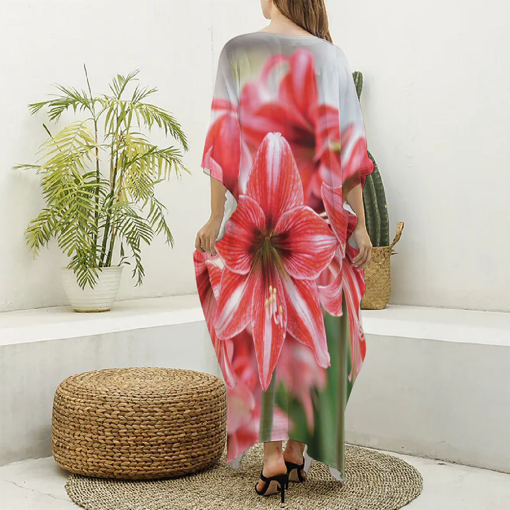 Amaryllis Flower Print Silk V-Neck Kaftan Dress