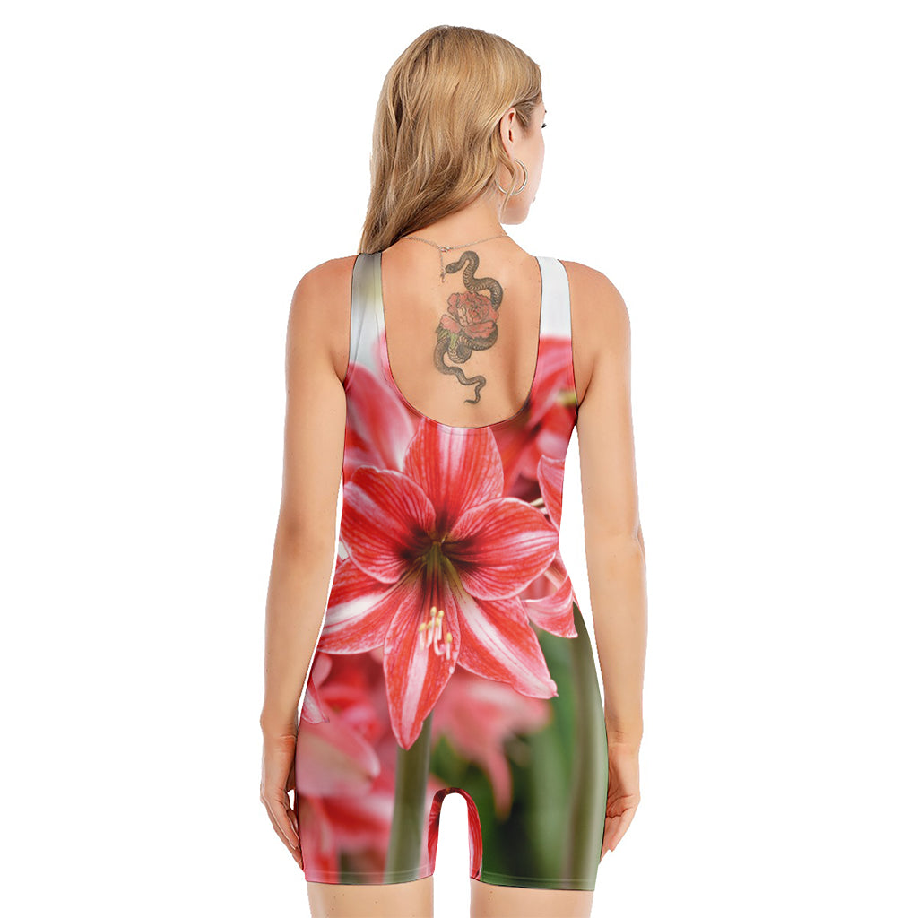 Amaryllis Flower Print Sleeveless One Piece Swimsuit