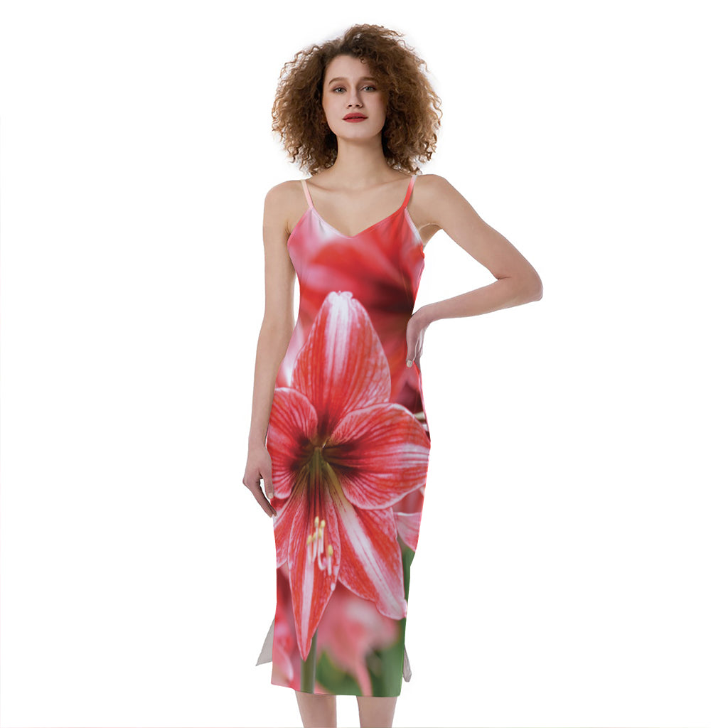 Amaryllis Flower Print Slim Fit Midi Cami Dress