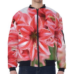 Amaryllis Flower Print Zip Sleeve Bomber Jacket