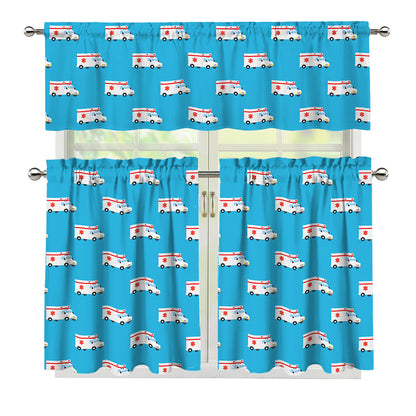 Ambulance Paramedic Car Pattern Print 3 Piece Kitchen Curtains