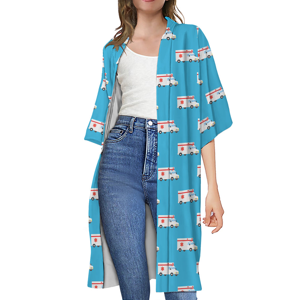 Ambulance Paramedic Car Pattern Print Open Front Beach Cover Up