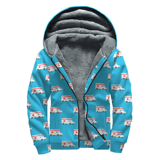 Ambulance Paramedic Car Pattern Print Sherpa Lined Zip Up Hoodie