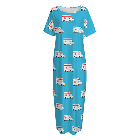 Ambulance Paramedic Car Pattern Print Short Sleeve Long Nightdress