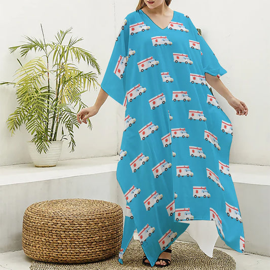 Ambulance Paramedic Car Pattern Print Silk V-Neck Kaftan Dress