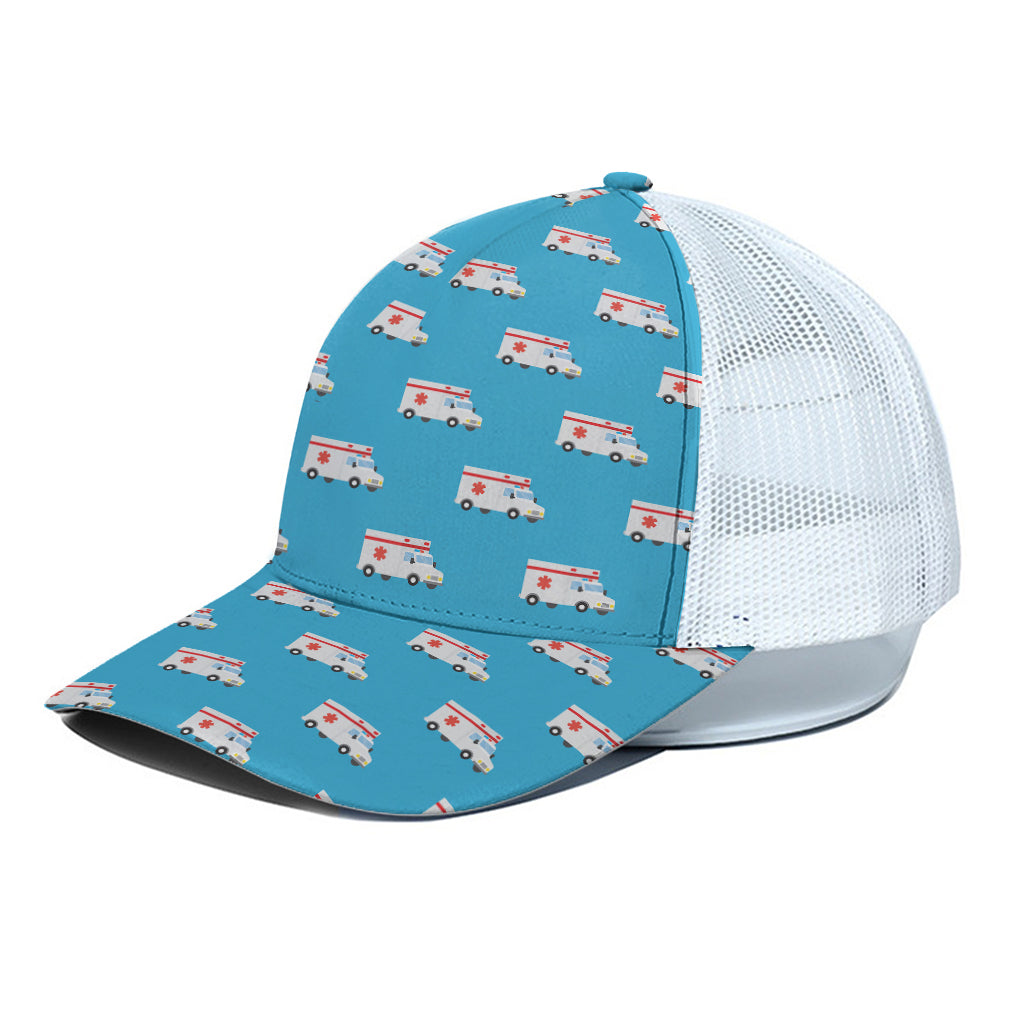 Ambulance Paramedic Car Pattern Print White Mesh Trucker Cap