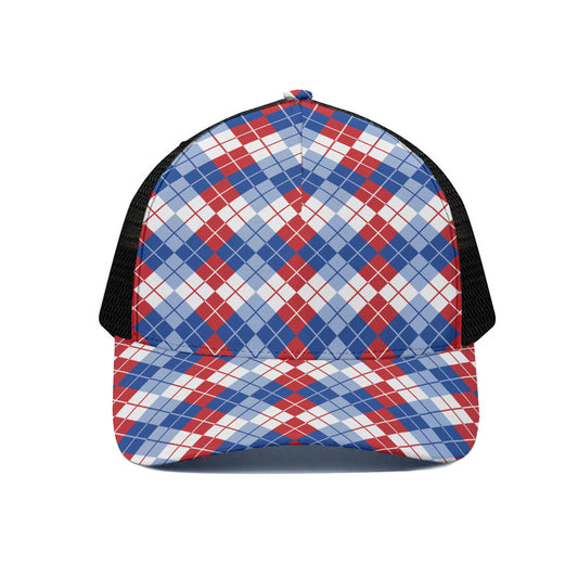 American Argyle Pattern Print Black Mesh Trucker Cap