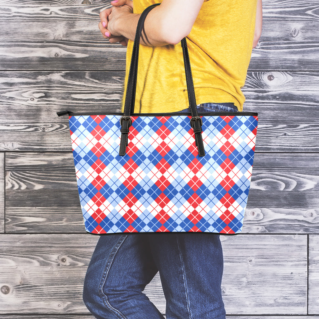American Argyle Pattern Print Leather Tote Bag