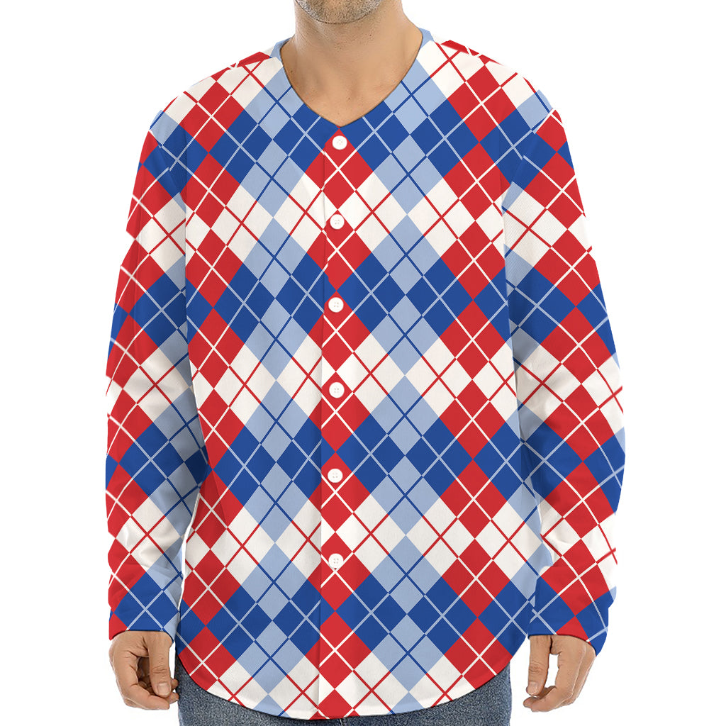 American Argyle Pattern Print Long Sleeve Baseball Jersey