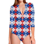 American Argyle Pattern Print Long Sleeve Swimsuit