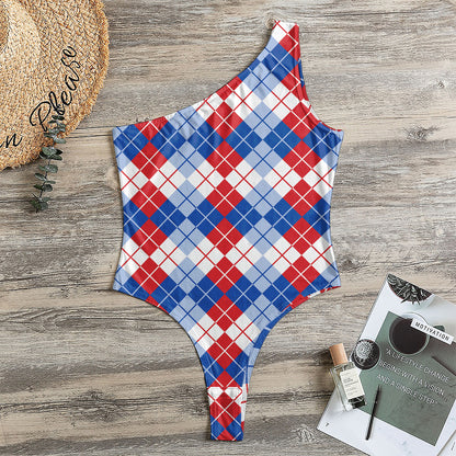 American Argyle Pattern Print One Shoulder Bodysuit