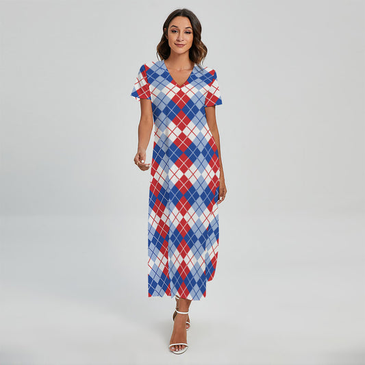American Argyle Pattern Print Short Sleeve Maxi Dress
