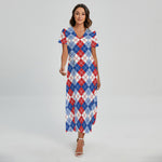 American Argyle Pattern Print Short Sleeve Maxi Dress