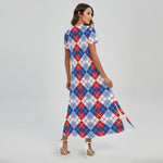 American Argyle Pattern Print Short Sleeve Maxi Dress