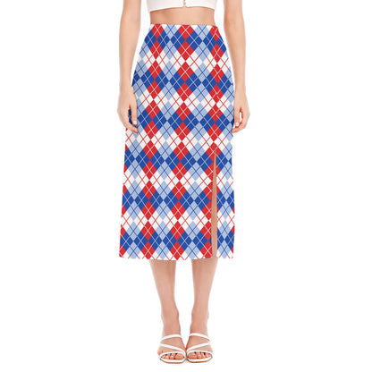 American Argyle Pattern Print Side Slit Midi Skirt