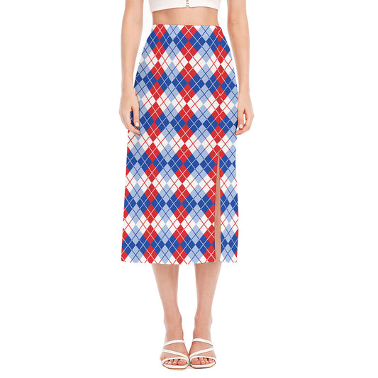 American Argyle Pattern Print Side Slit Midi Skirt