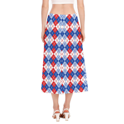 American Argyle Pattern Print Side Slit Midi Skirt