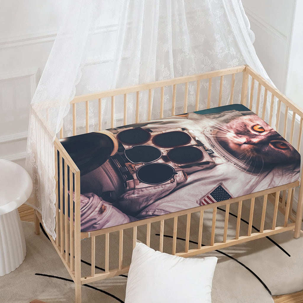 American Astronaut Cat Print Baby Crib Sheet