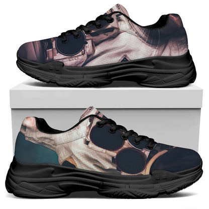 American Astronaut Cat Print Black Chunky Shoes