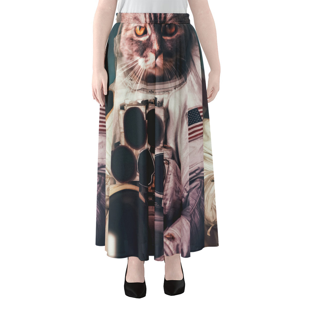 American Astronaut Cat Print Chiffon Maxi Skirt