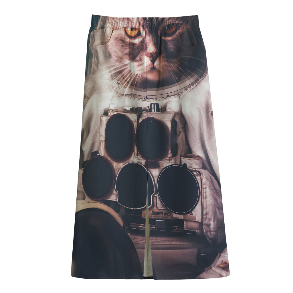 American Astronaut Cat Print Cotton Front Slit Maxi Skirt