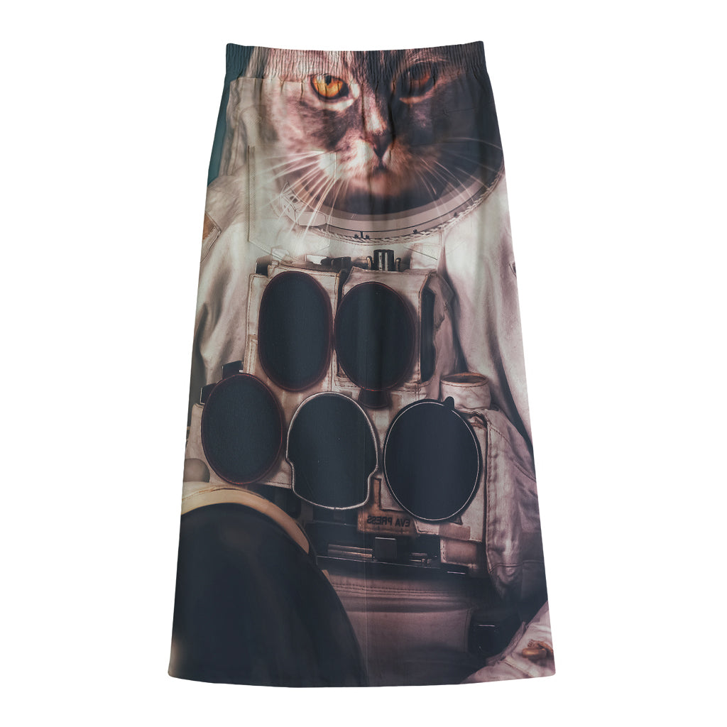 American Astronaut Cat Print Cotton Front Slit Maxi Skirt