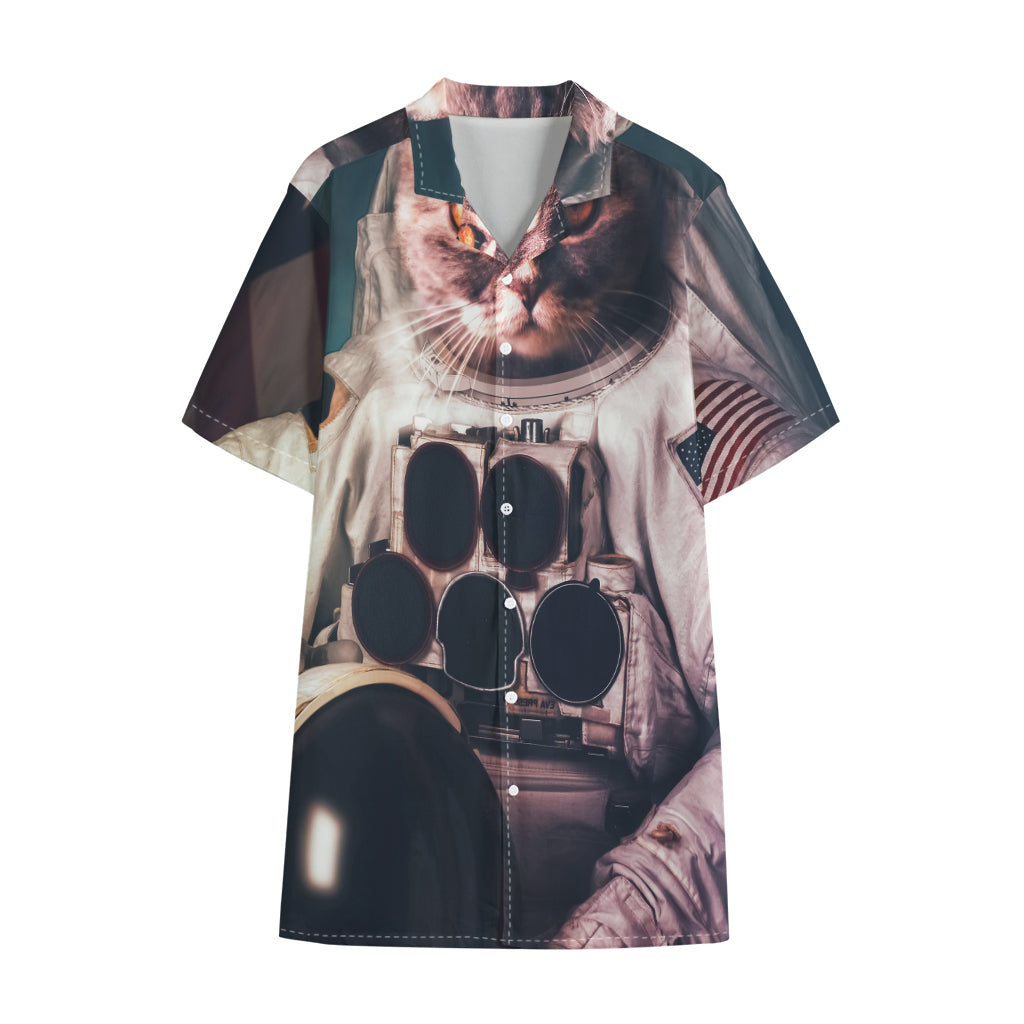 American Astronaut Cat Print Cotton Hawaiian Shirt