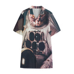 American Astronaut Cat Print Cotton Hawaiian Shirt