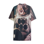 American Astronaut Cat Print Cotton Hawaiian Shirt