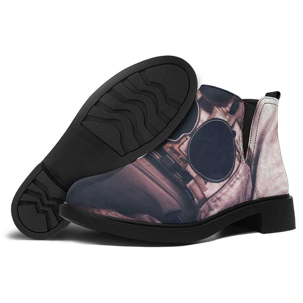 American Astronaut Cat Print Flat Ankle Boots