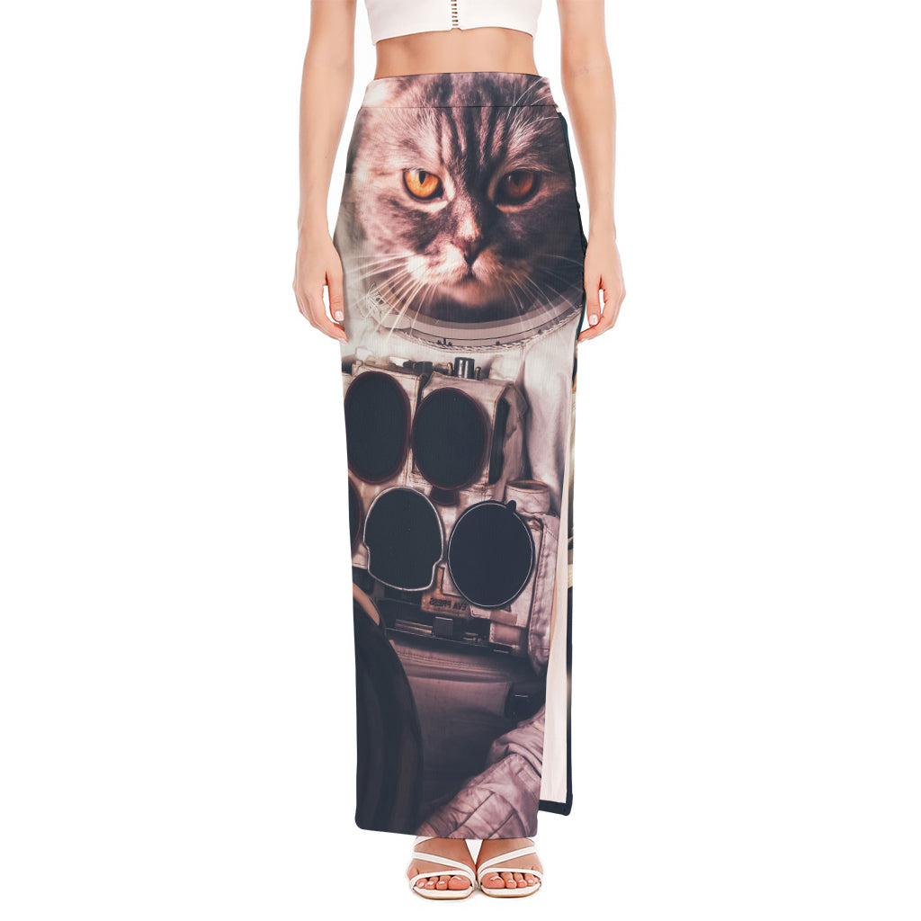 American Astronaut Cat Print High Slit Maxi Skirt