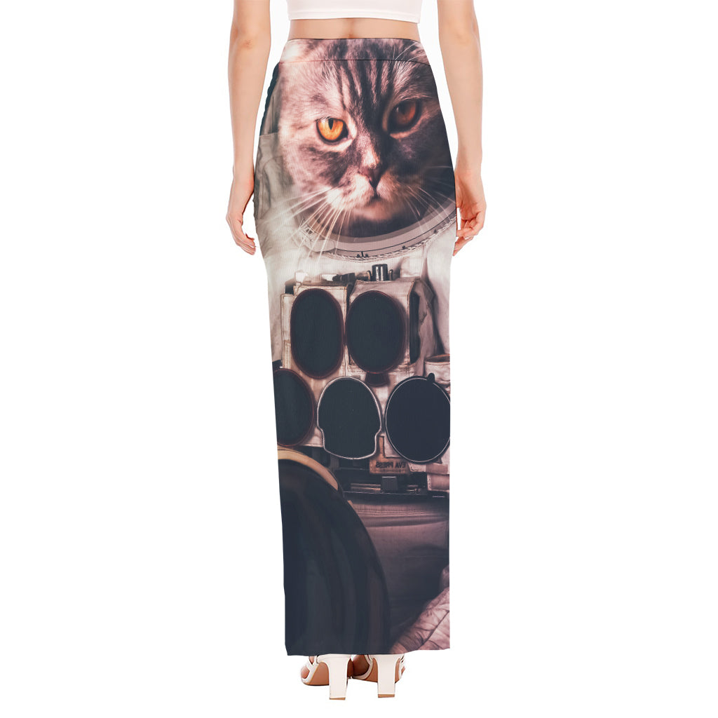 American Astronaut Cat Print High Slit Maxi Skirt