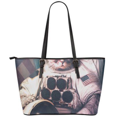 American Astronaut Cat Print Leather Tote Bag