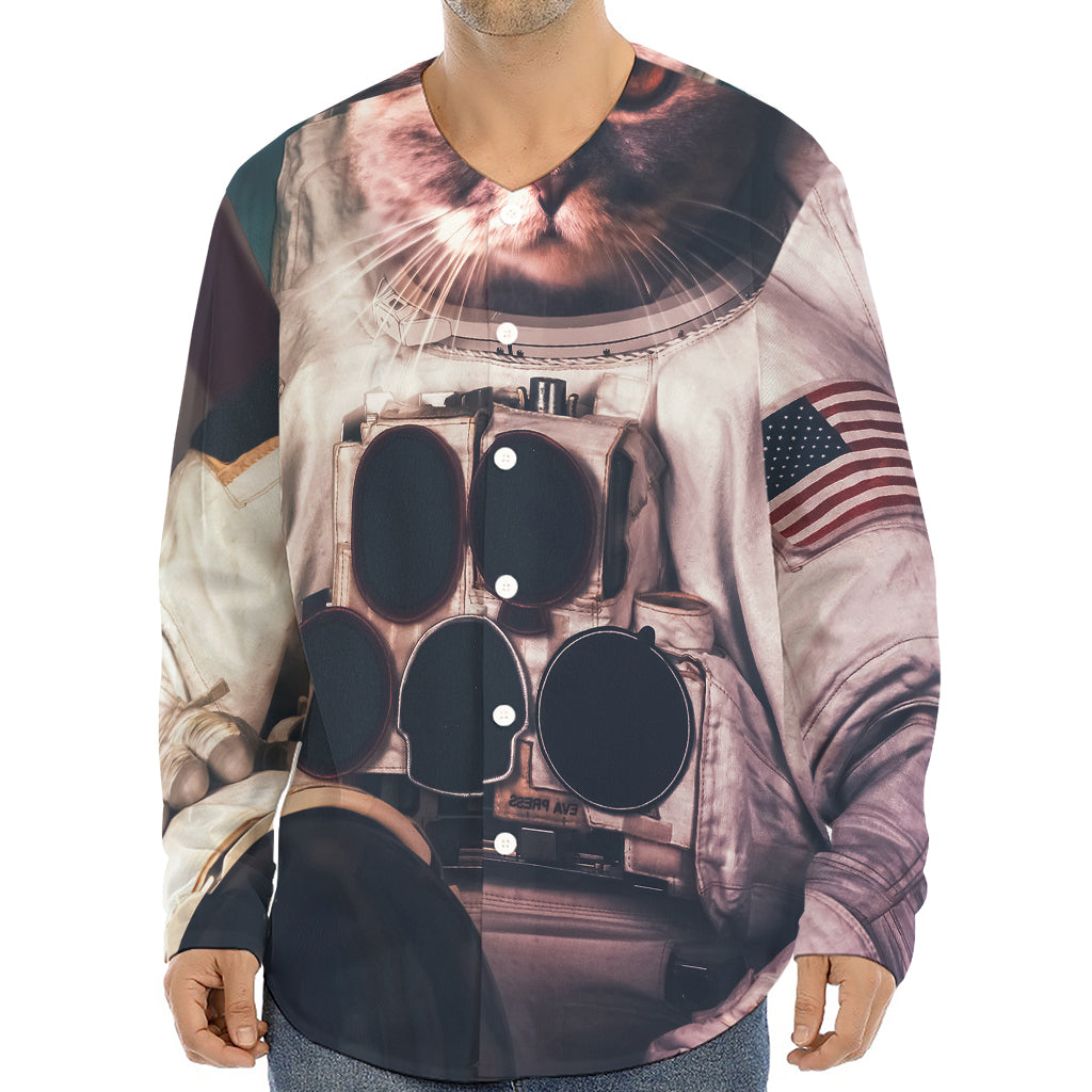 American Astronaut Cat Print Long Sleeve Baseball Jersey